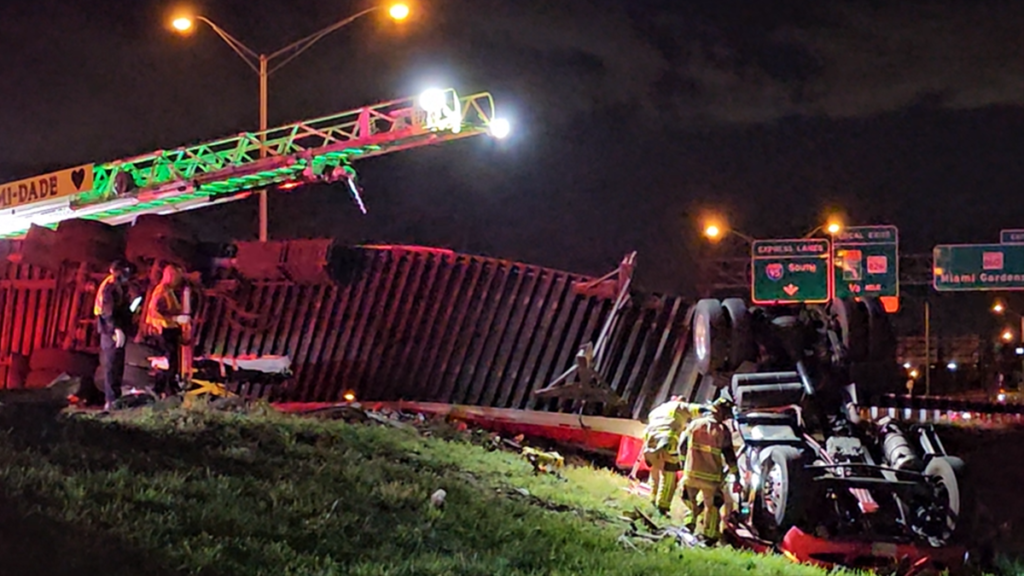 Semi-truck rolls over on I-95 closing all southbound lanes before Miami Gardens Drive - NBC 6 South Florida