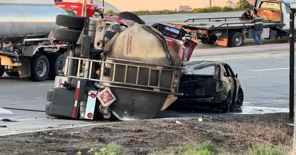 Fuel truck catches on fire after crash in Stockton, several closures in place - CBS Sacramento
