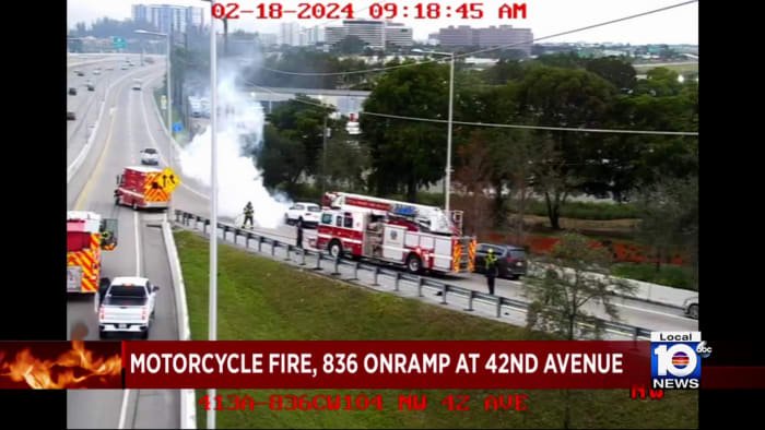 Motorcycle catches fire along busy Miami highway - WPLG Local 10