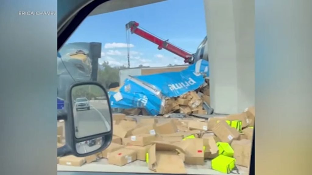 Amazon truck carrying hundreds of packages overturns in San Bernardino - KABC-TV