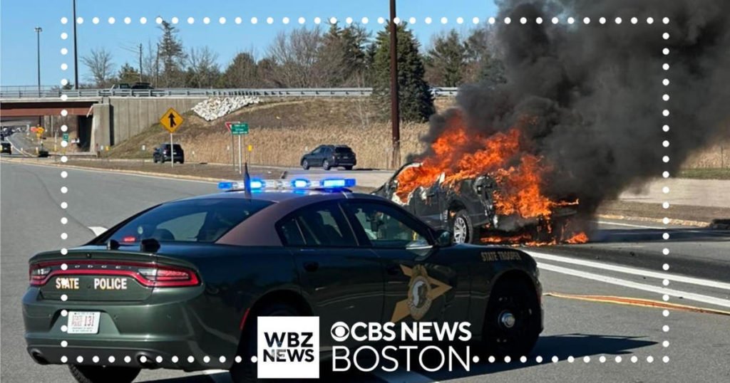 Truck flies through air before crashing and catching on fire on I-95 in New Hampshire - CBS Boston