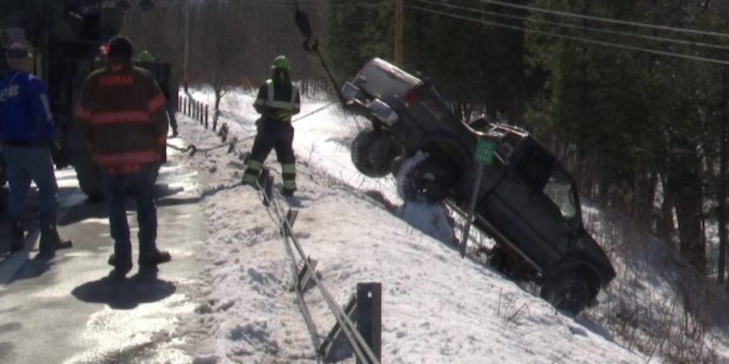 Driver, dog uninjured after pickup truck rolls down embankment - WWNY