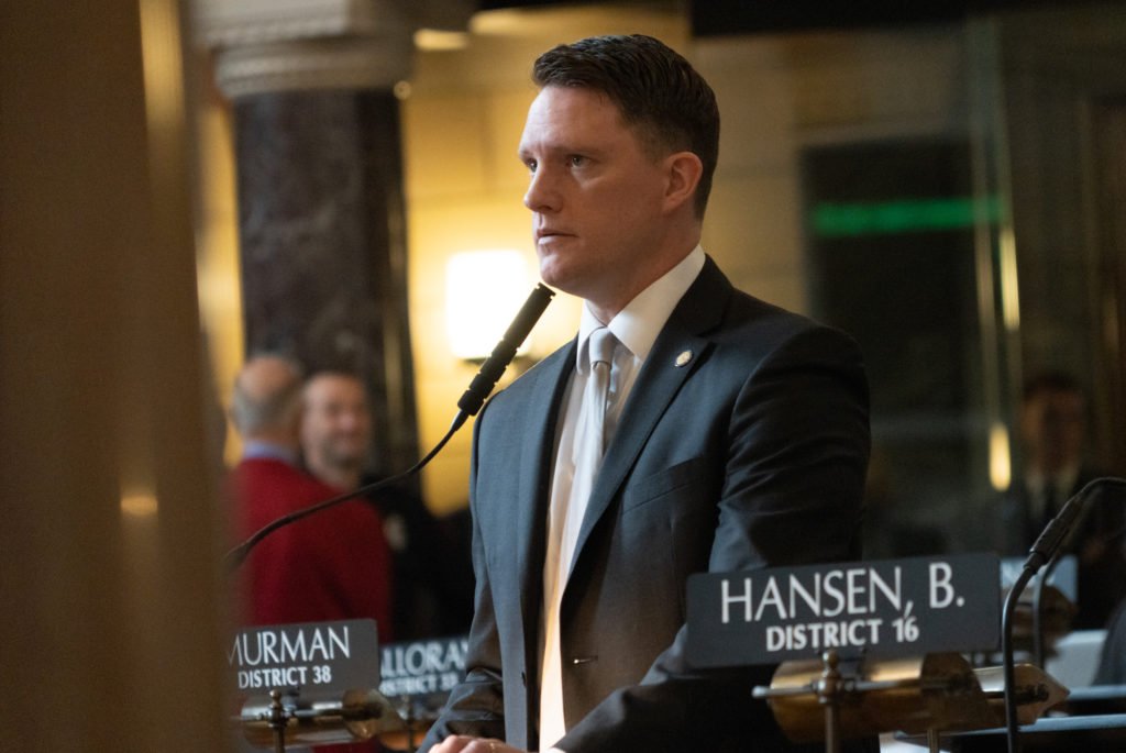 State Sen. Ben Hansen of Blair of Omaha speaks on the floor of the Nebraska Legislature on Wednesday, March 22, 2023, in Lincoln, Neb. (Zach Wendling/Nebraska Examiner)