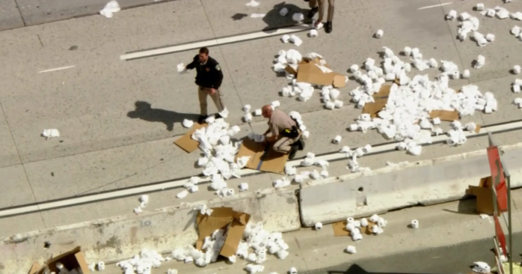 Hundreds of rolls of toilet paper litter I-5 after boxes fall from truck - CBS News
