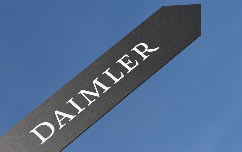 FILE PHOTO: A sign showing the name of German truck maker Daimler is pictured at the IAA truck show in Hanover, September 22,  2016.  REUTERS/Fabian Bimmer/File Photo