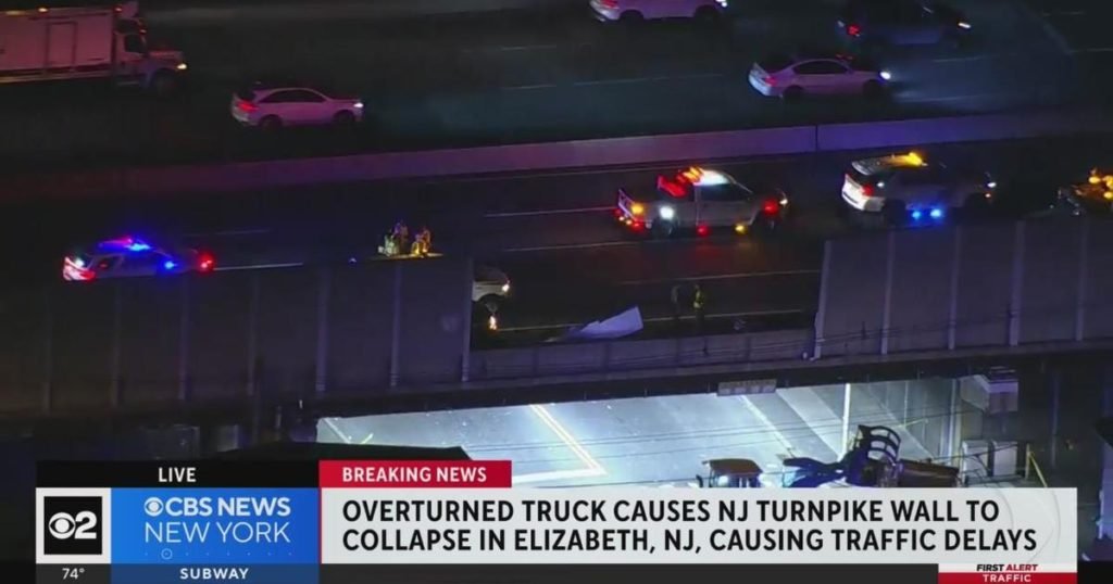 Overturned truck causes N.J. Turnpike wall in Elizabeth to collapse - CBS New York