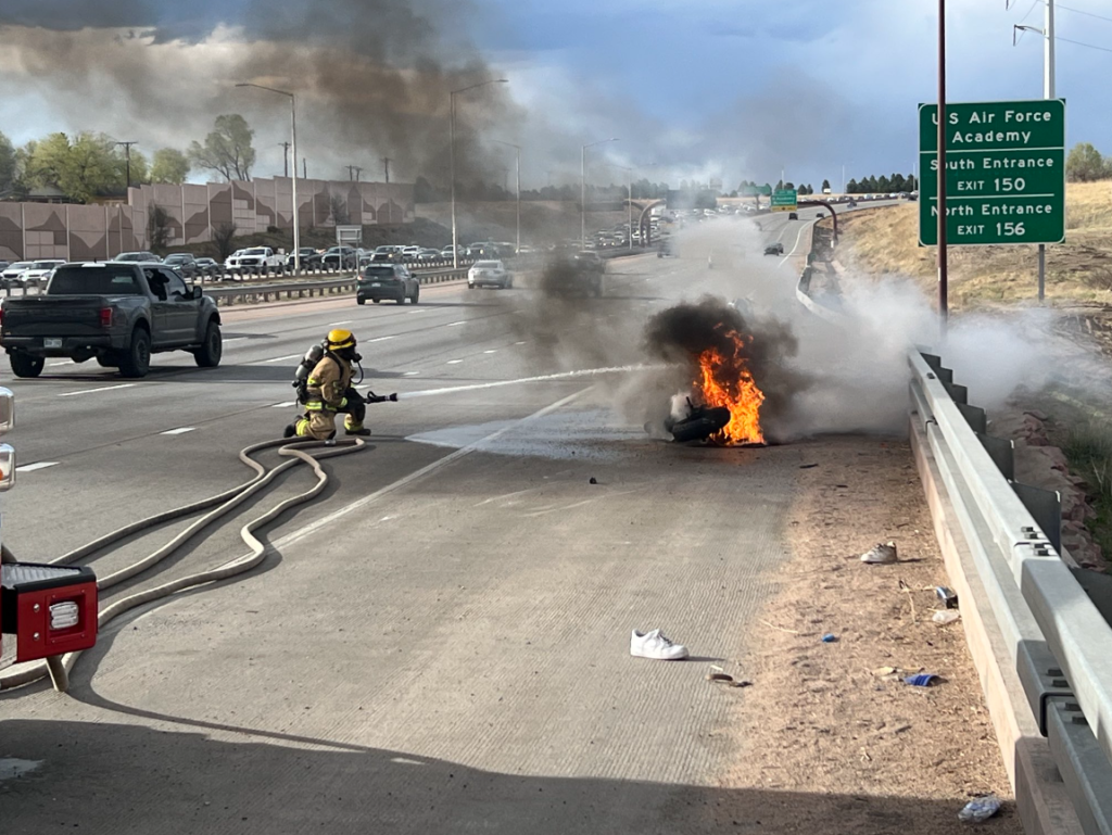 Motorcycle fire on I-25 near Woodmen Road causes delays - FOX21News.com