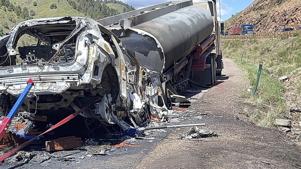 This image provided by the Jefferson County Sheriff's Office shows the remains of a tanker truck after a crash on Colorado's main east-west highway near Denver on Thursday, May 16, 2024. (Jefferson County Sheriff's Office via AP)