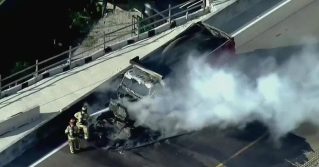 Dump truck fire caused major back up on I-595 ramp to I-95 - CBS Miami