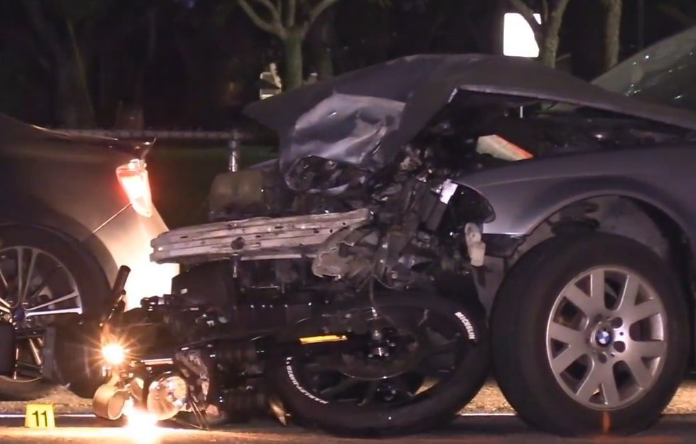 A motorcyclist was killed and the driver of a BMW sedan was arrested on suspicion of DUI after they crashed in Fullerton Wednesday night, June 12, 2024. (Photo by OC Hawk News)