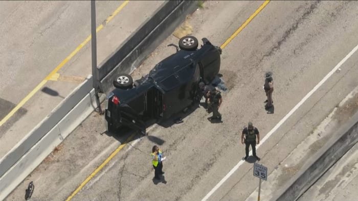 BSO: Unmarked BSO truck flips on side after driver flees from detectives on I-95 - WPLG Local 10